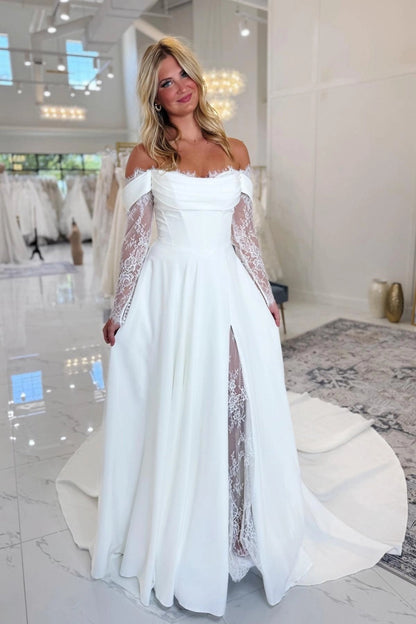 Off-the-Shoulder Satin Wedding Dress Aline Long Sleeves Lace Bridal Dress with Split