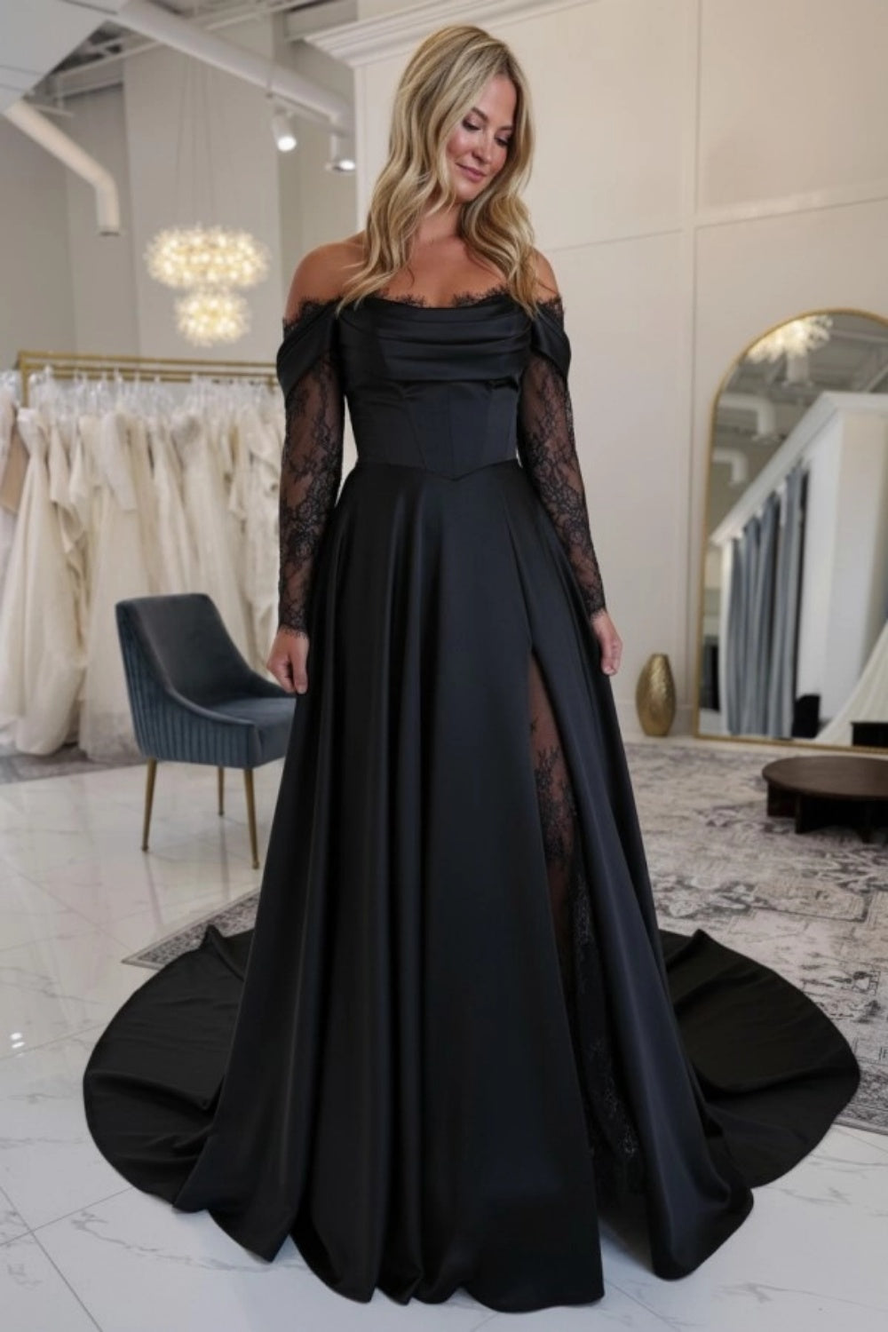 Off-the-Shoulder Satin Wedding Dress Aline Long Sleeves Lace Bridal Dress with Split