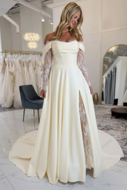 Off-the-Shoulder Satin Wedding Dress Aline Long Sleeves Lace Bridal Dress with Split