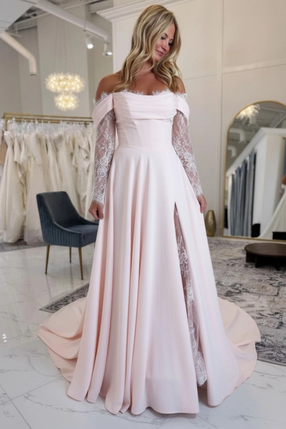 Off-the-Shoulder Satin Wedding Dress Aline Long Sleeves Lace Bridal Dress with Split