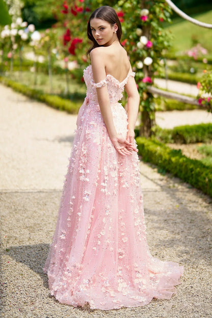 Off-Shoulder 3D Floral Embellished Sequin Bow High Slit Blush Pink Tulle A-Line Chapel Train Prom Dresses