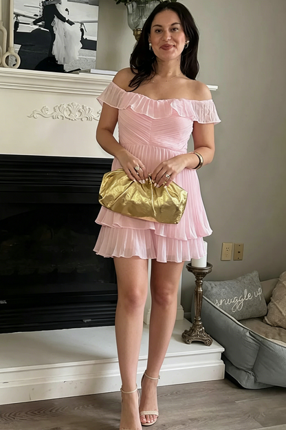 Off-Shoulder A-Line Chiffon Ruffles Empire-Waist Short Homecoming Dress