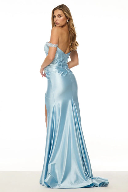 Off-Shoulder Corset Crystal Beaded Floral Applique High Slit Sky Blue Satin Mermaid Chapel Train Prom Dresses
