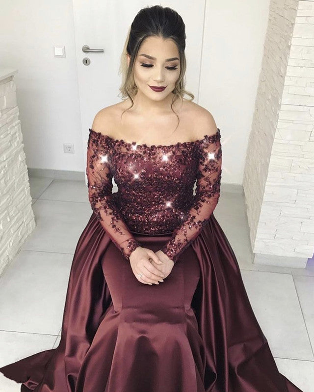Long Sleeves Lace Off Shoulder Mermaid Prom Dresses