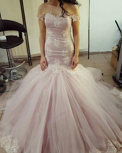 Off The Shoulder Mermaid Prom Dresses Lace Appliques