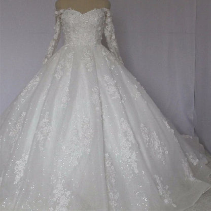 Off The Shoulder Royal Train Lace Wedding Dresses Ball Gowns