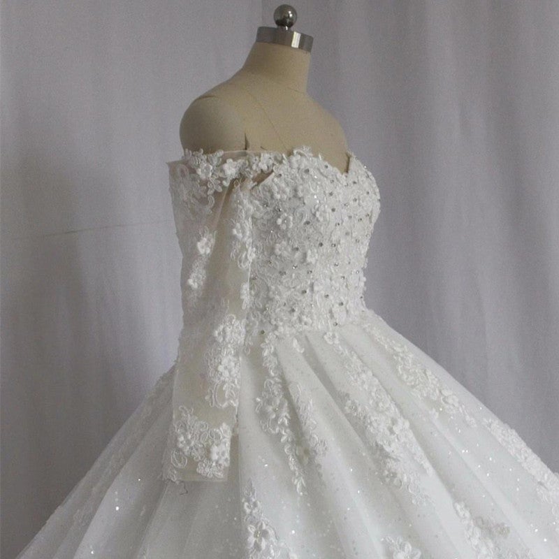 Off The Shoulder Royal Train Lace Wedding Dresses Ball Gowns