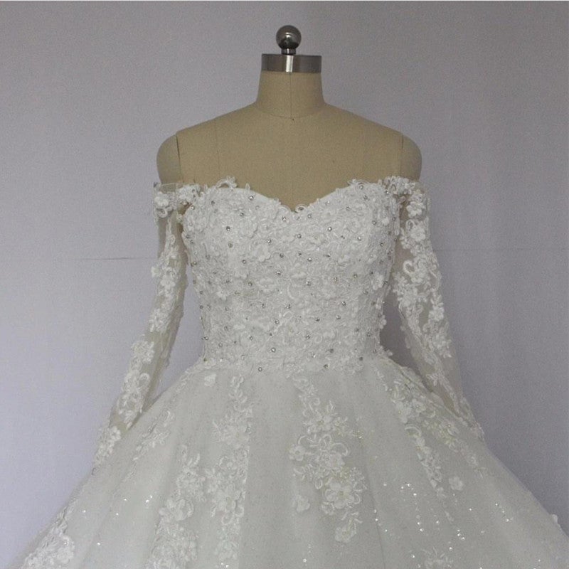 Off The Shoulder Royal Train Lace Wedding Dresses Ball Gowns