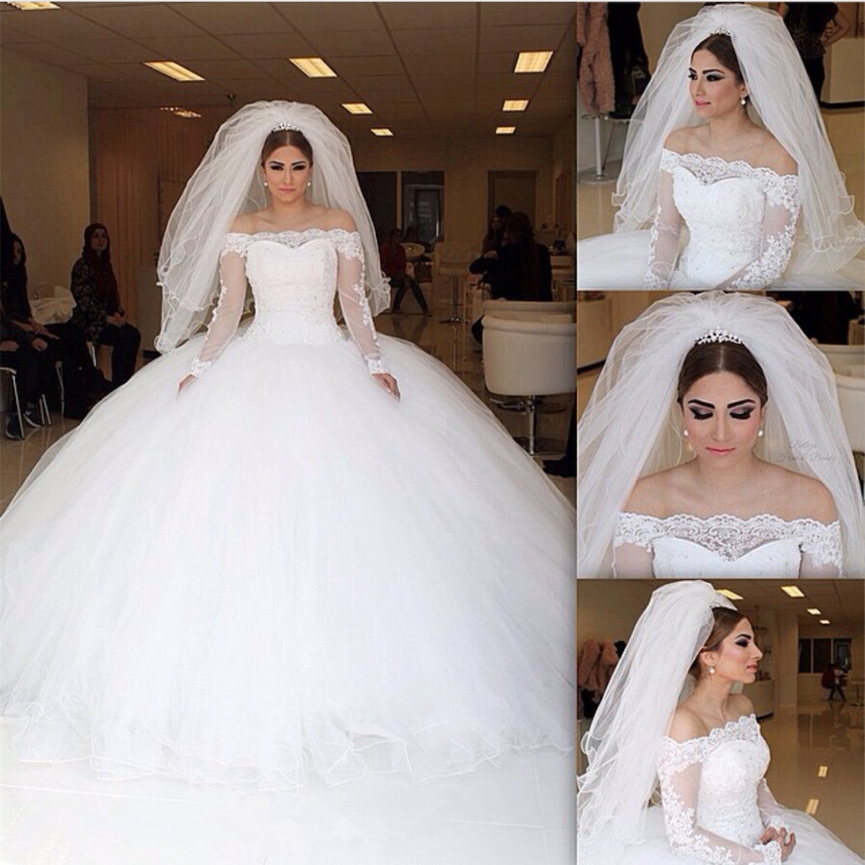 Off-the-shoulder Lace Long Sleeves Organza Wedding Dresses Ball Gowns