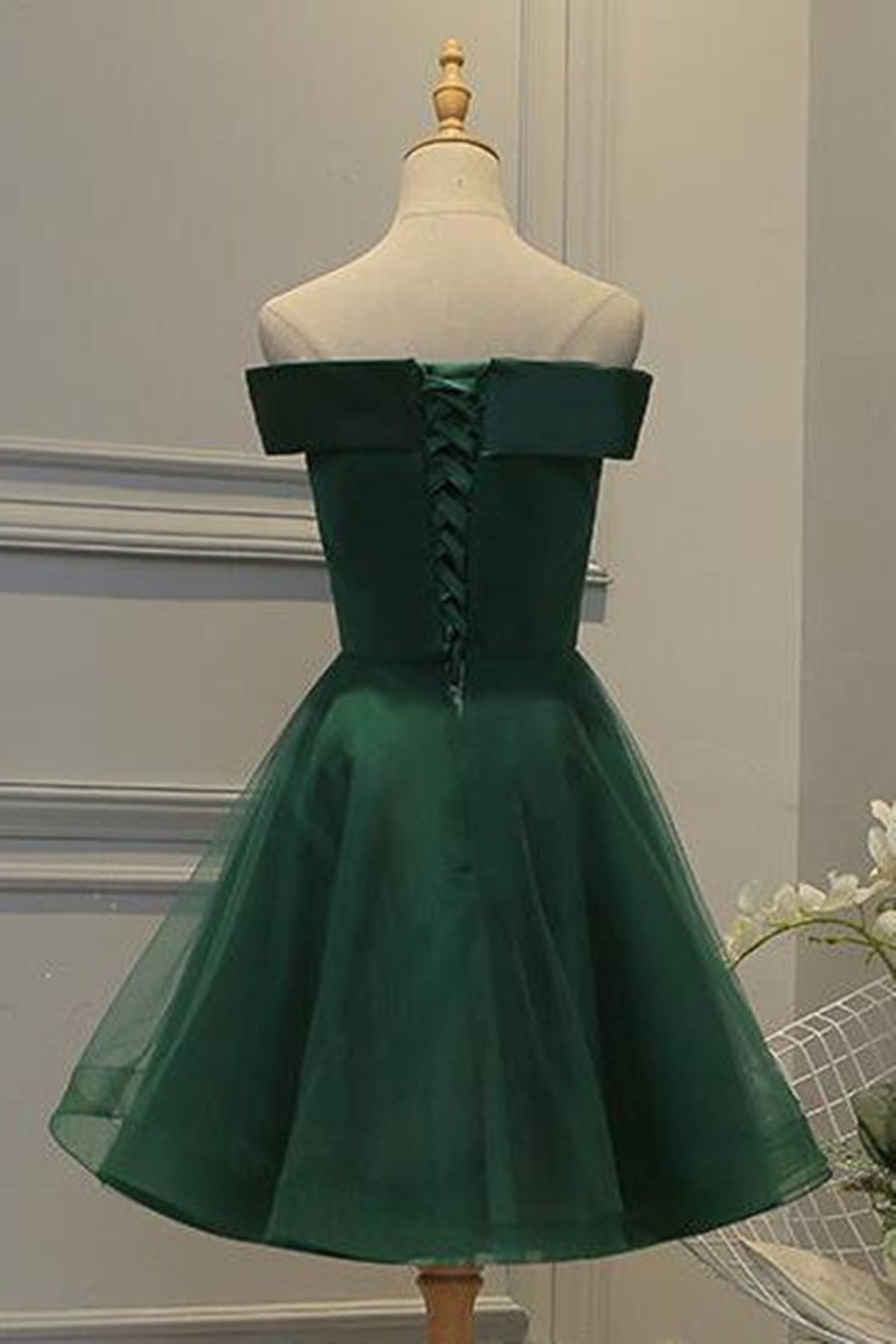 Off Shoulder Green Lace Floral Prom Dress, Short Green Lace Homecoming Dress, Green Formal Evening Dress A1664
