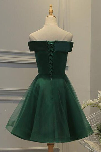 Off Shoulder Green Lace Floral Prom Dress, Short Green Lace Homecoming Dress, Green Formal Evening Dress A1664