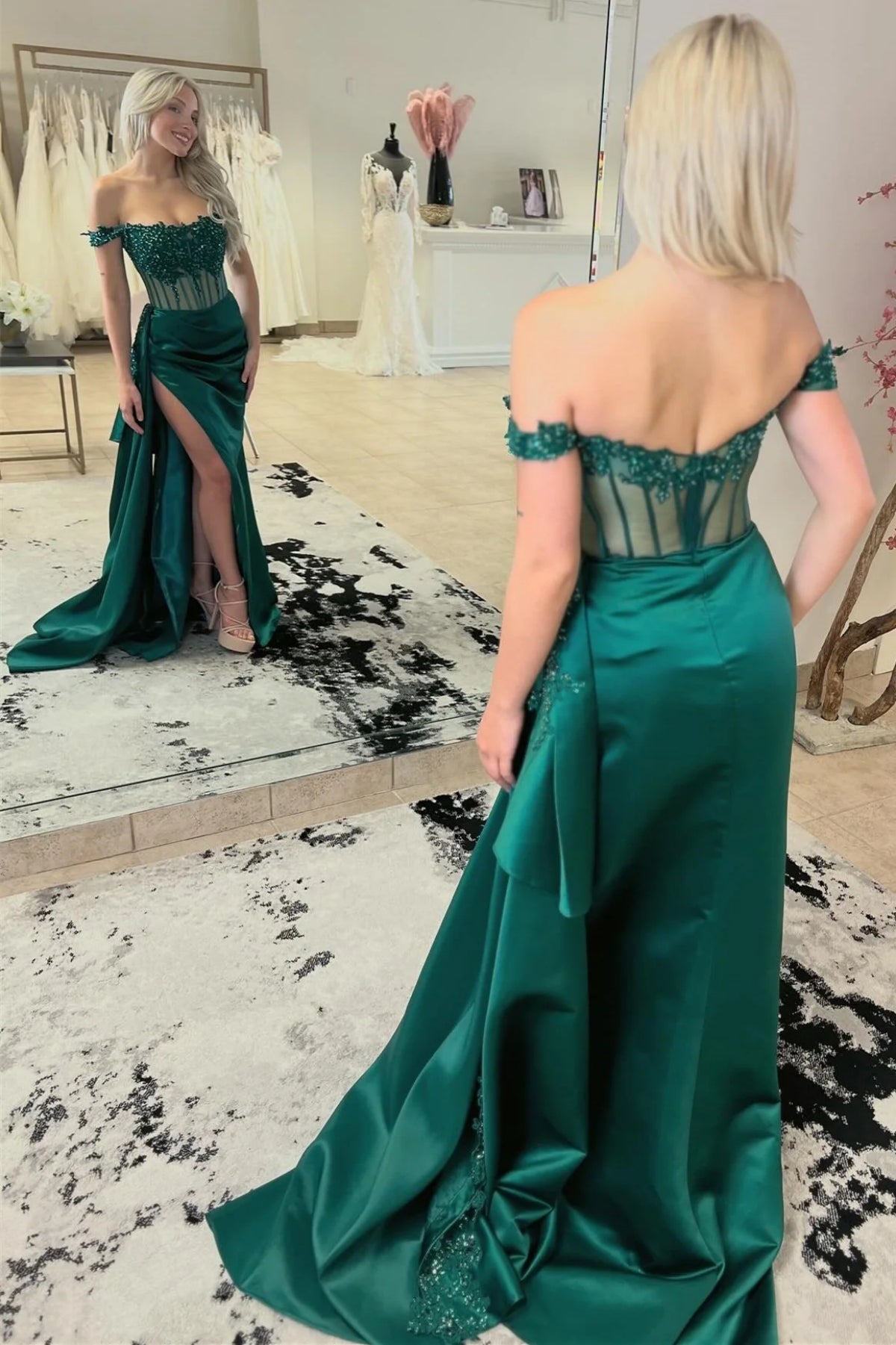 Off Shoulder Mermaid Beaded Green Lace Long Prom Dress with High Slit, Mermaid Green Formal Dress, Green Lace Evening Dress A2036