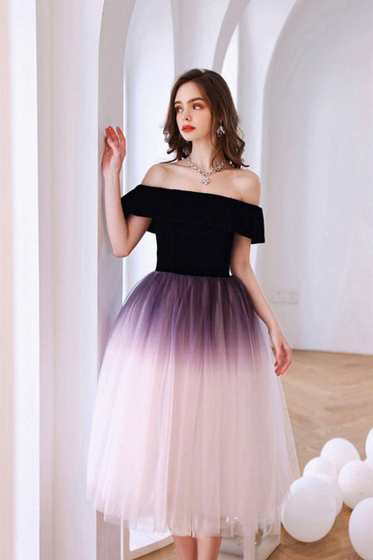 Off Shoulder Ombre Tulle Short Prom Homecoming Dress, Ombre Formal Graduation Evening Dress A1627