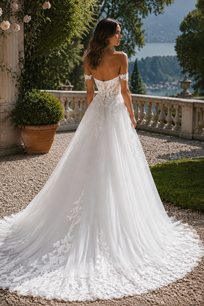 Off Shoulder Satin Lace Bohemian Wedding Dress with High Slit Train