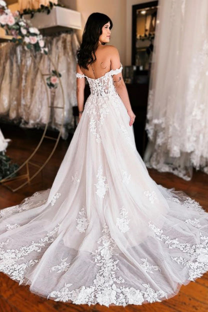 Off Shoulder White Lace Long Prom Dress with High Slit, White Lace Wedding Dress, White Formal Evening Dress A1952