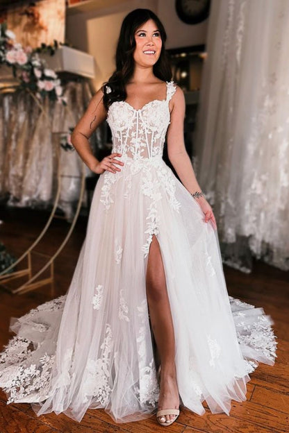 Off Shoulder White Lace Long Prom Dress with High Slit, White Lace Wedding Dress, White Formal Evening Dress A1952