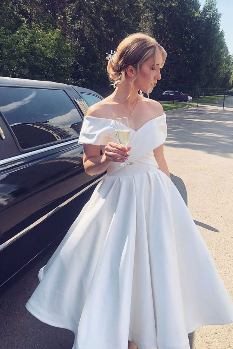 Off Shoulder White Satin Tea Length Prom Dress, Short White Formal Graduation Homecoming Dress