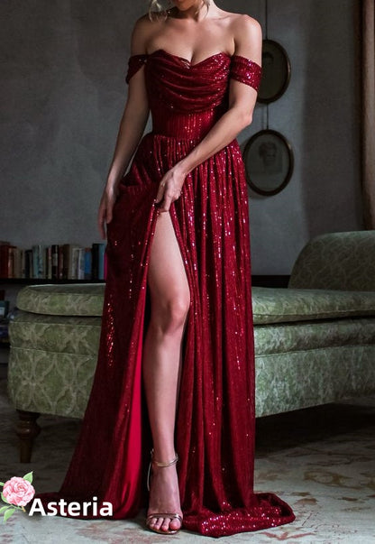Off The Shoulder Burgundy Sequin Long Slit Prom Dress,AST925