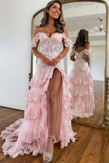 Off Shoulder Layered Navy Blue Lace Long Prom Dress with High Split, Off the Shoulder Navy Blue Formal Dress, Navy Blue Lace Evening Dress A2061