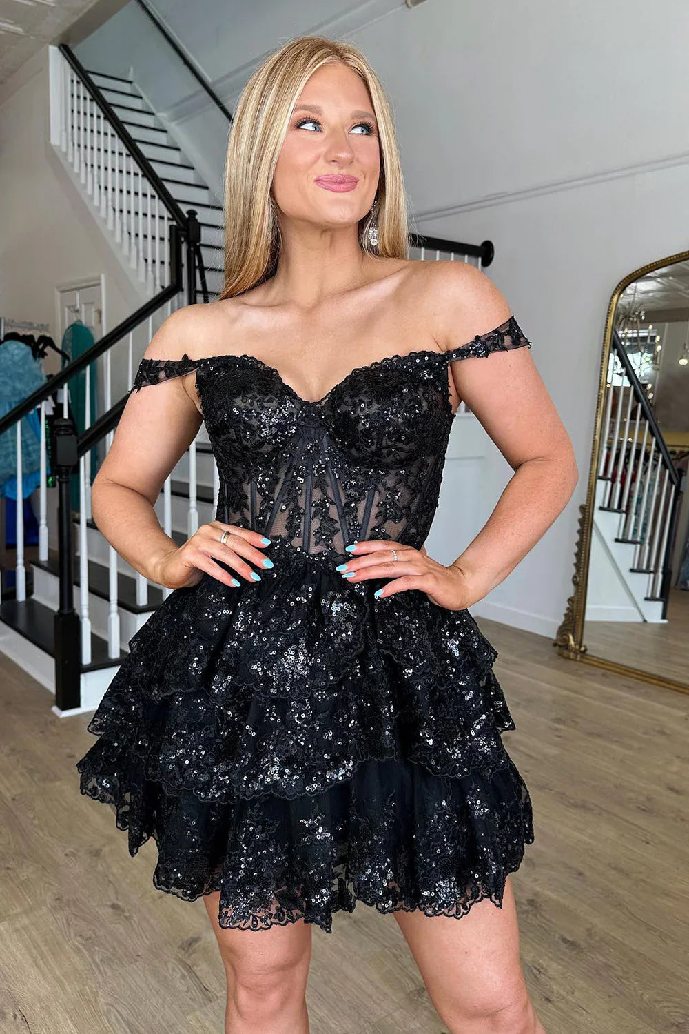 Off The Shoulder Lace Sequin Homecoming Dress, AST1011