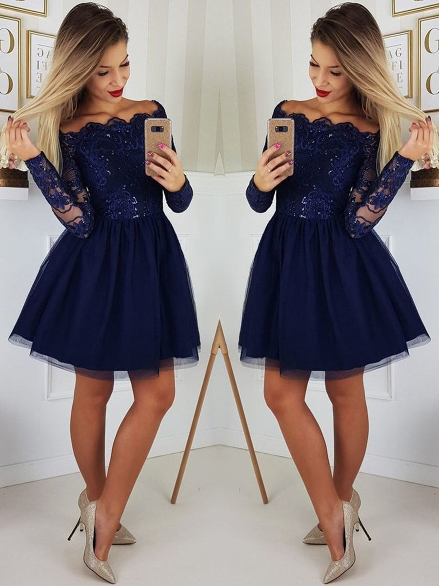 Off the Shoulder Long Sleeves Lace Navy Blue Short Prom Dresses Homecoming Dresses, Long Sleeves Blue Formal Graduation Evening Dresses
