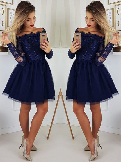 Off the Shoulder Long Sleeves Lace Navy Blue Short Prom Dresses Homecoming Dresses, Long Sleeves Blue Formal Graduation Evening Dresses