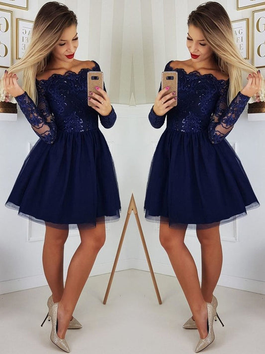 Off the Shoulder Long Sleeves Lace Navy Blue Short Prom Dresses Homecoming Dresses, Long Sleeves Blue Formal Graduation Evening Dresses