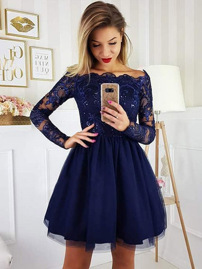 Off the Shoulder Long Sleeves Lace Navy Blue Short Prom Dresses Homecoming Dresses, Long Sleeves Blue Formal Graduation Evening Dresses