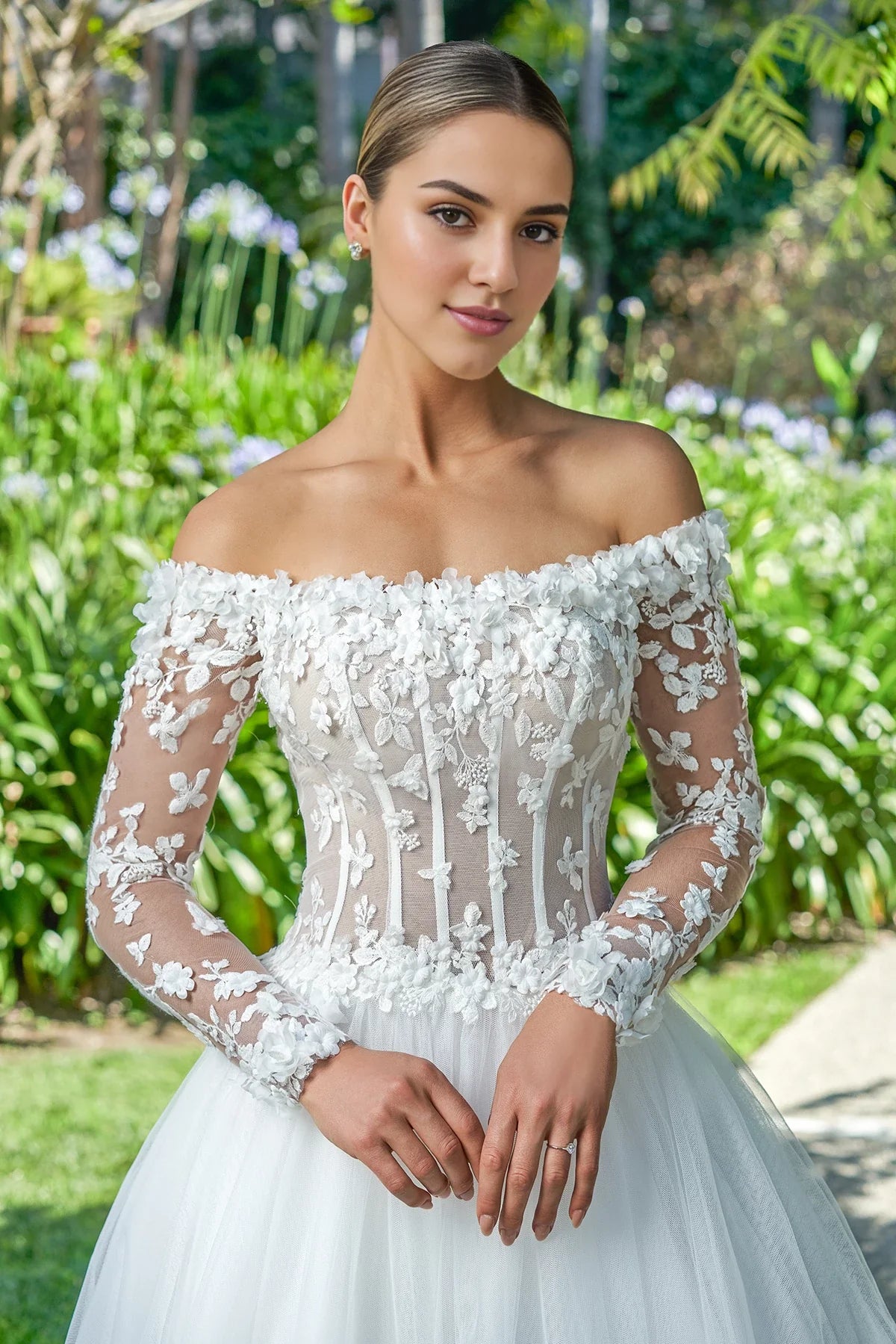 Off shoulder collar sheer lace decal strapless backless and floor length wedding dress