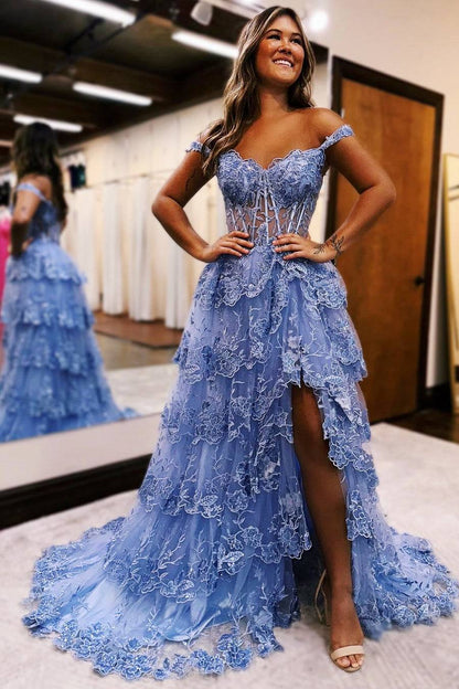 Off the Shoulder Applique Princess Long Corset Prom Dress with Slit