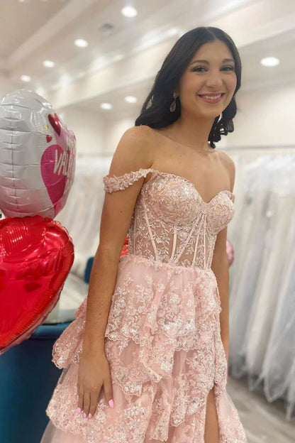 Off the Shoulder High Slit Pink Lace Long Prom Dress with Train, Off the Shoulder Pink Formal Dress, Pink Lace Evening Dress A2300
