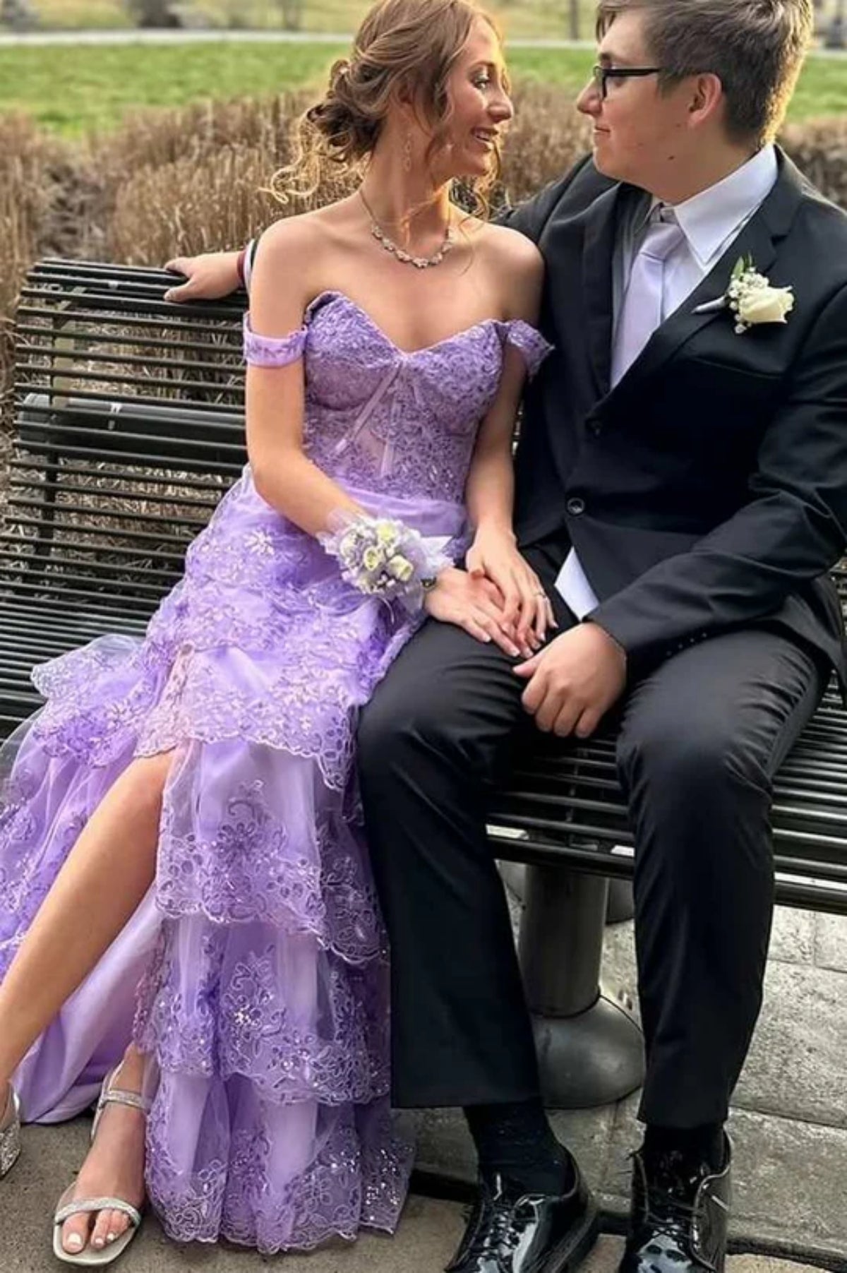 Off the Shoulder Layered Lilac Lace Long Prom Dress with High Slit, Lilac Lace Formal Dress, Lilac Evening Dress