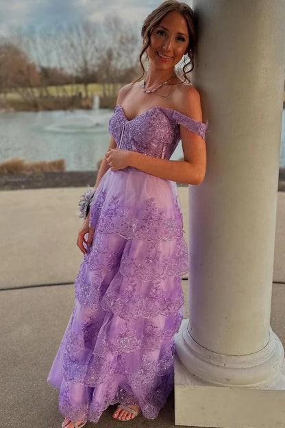Off the Shoulder Layered Lilac Lace Long Prom Dress with High Slit, Lilac Lace Formal Dress, Lilac Evening Dress