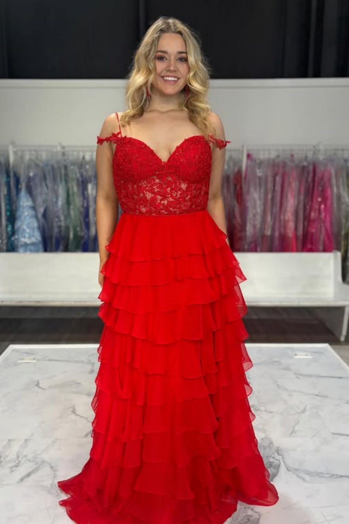 Off the Shoulder Layered Yellow/Red Lace Long Prom Dress with High Slit, Yellow/Red Lace Formal Graduation Evening Dress