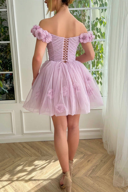 Off the Shoulder Lilac Floral Prom Dress, Off Shoulder Lilac Homecoming Dress, Lilac Floral Formal Graduation Evening Dress A1901