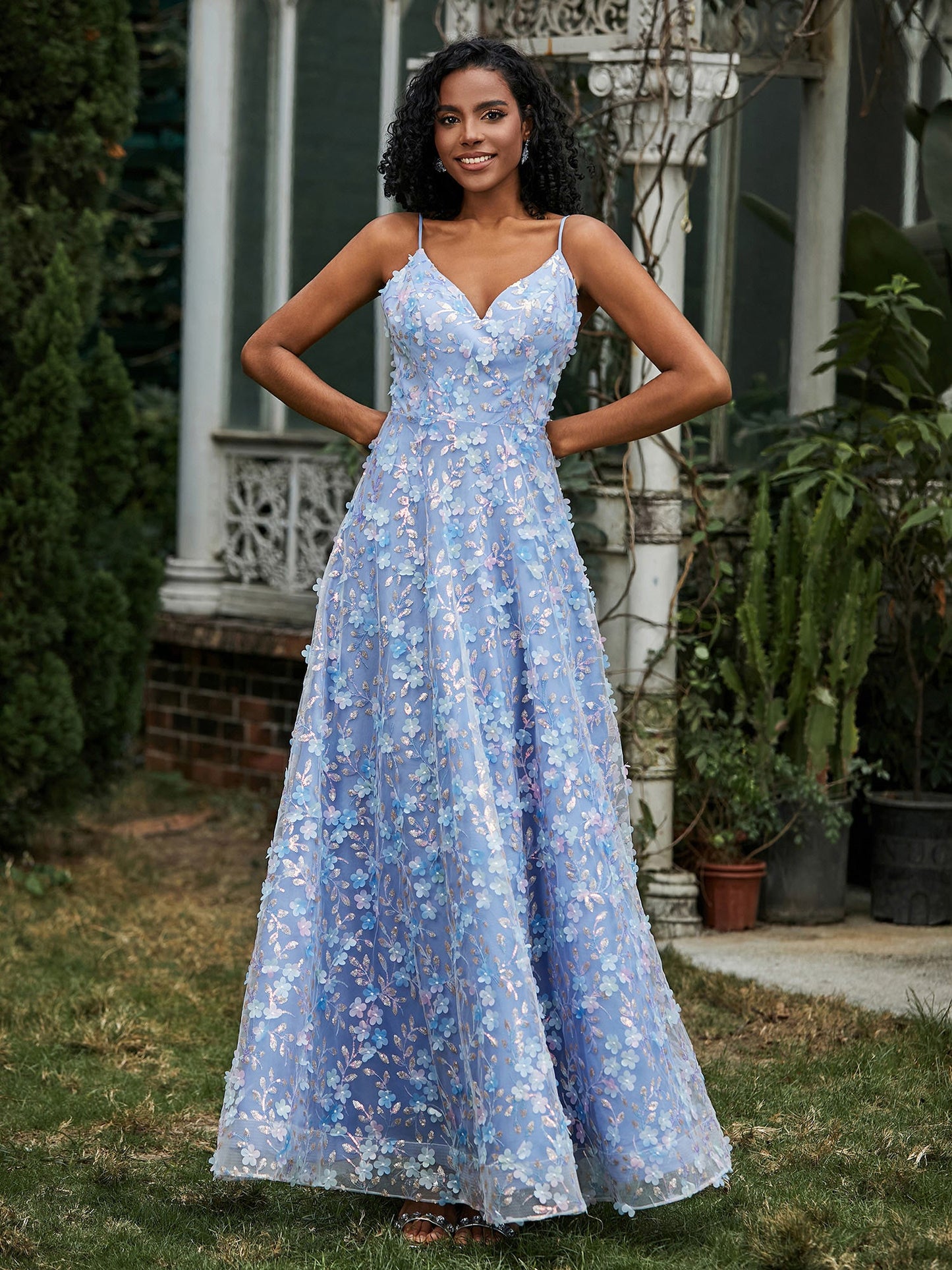 V-neck Lace Appliqued Flowers A-line Dress Blue