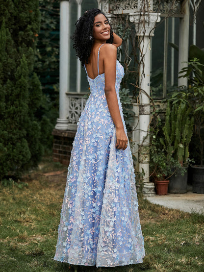 V-neck Lace Appliqued Flowers A-line Dress Blue
