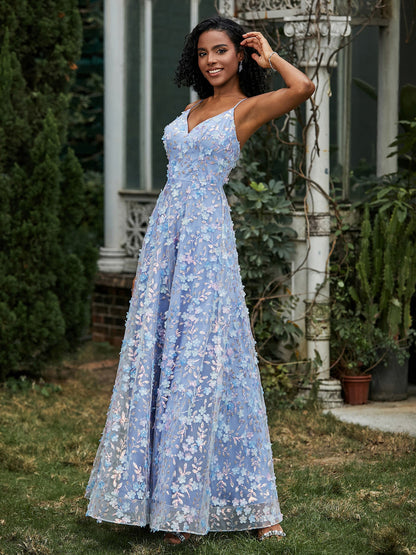 V-neck Lace Appliqued Flowers A-line Dress Blue