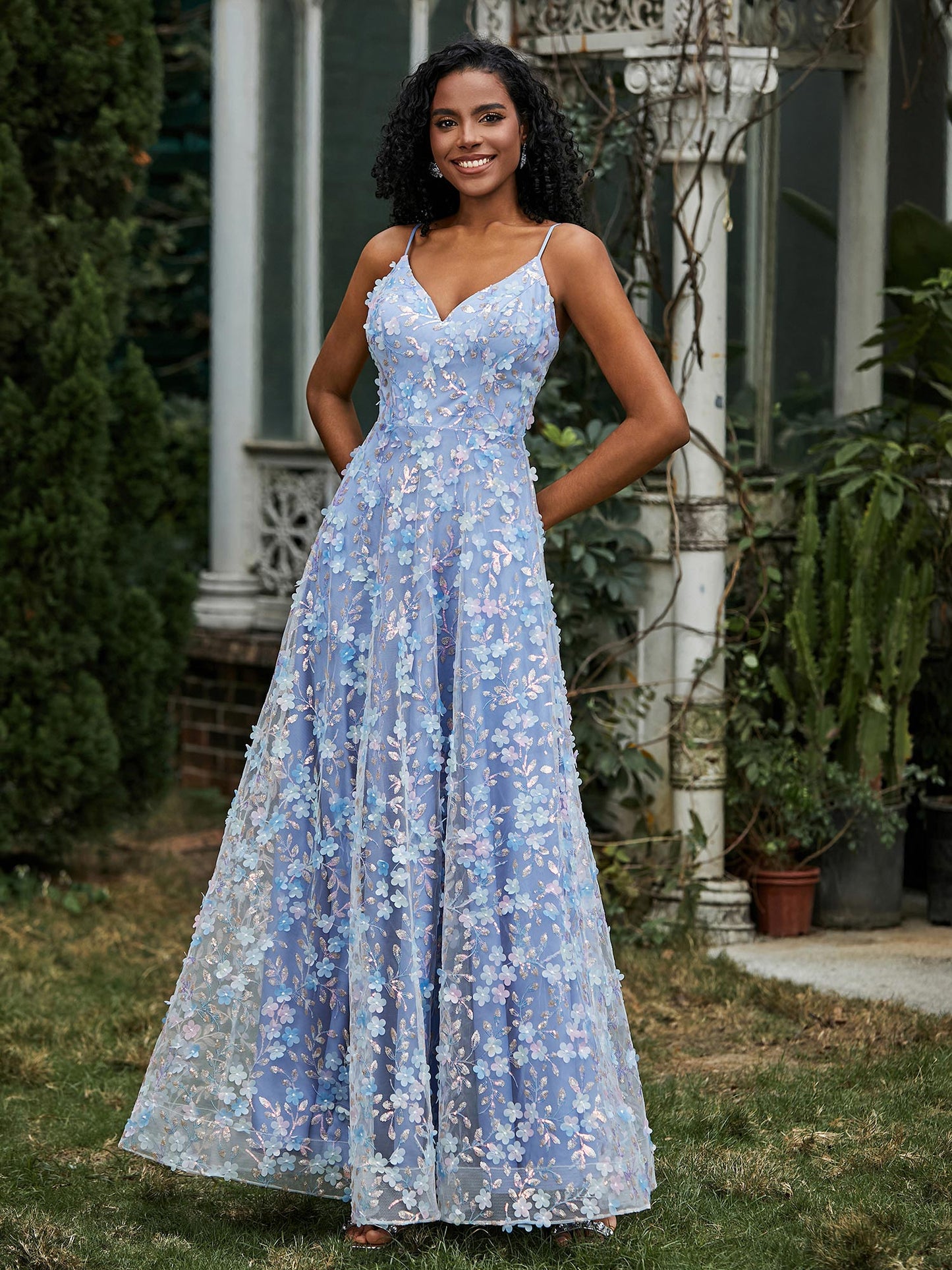 V-neck Lace Appliqued Flowers A-line Dress Blue