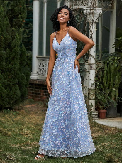V-neck Lace Appliqued Flowers A-line Dress Blue