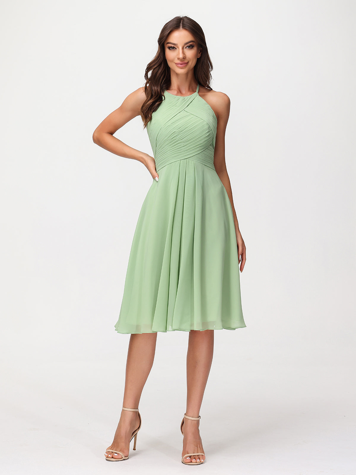 Short Chiffon Bridesmaid Dress with Pocket-Dusty Sage