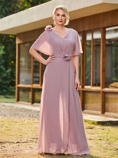 V-neck Short Sleeve Floral Applique Chiffon Jumpsuit Dusk