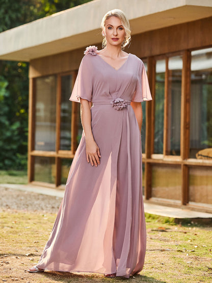 V-neck Short Sleeve Floral Applique Chiffon Jumpsuit Dusk