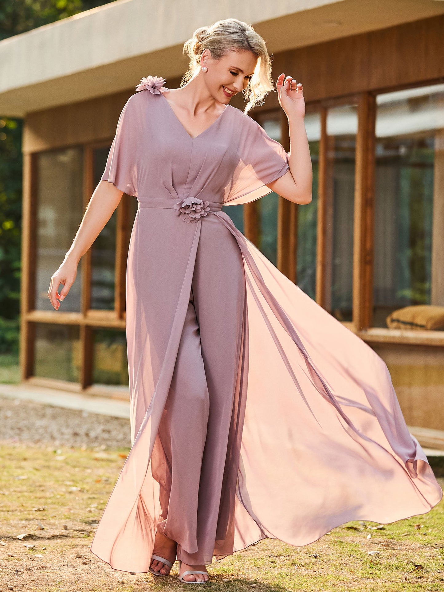 V-neck Short Sleeve Floral Applique Chiffon Jumpsuit Dusk