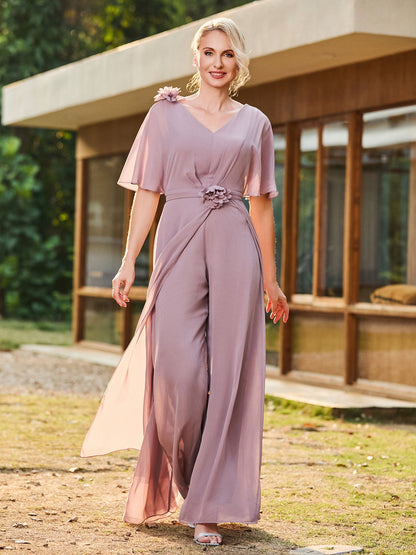V-neck Short Sleeve Floral Applique Chiffon Jumpsuit Dusk