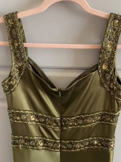 Olive Green Spaghetti Straps Sheath Satin Long Prom Dress