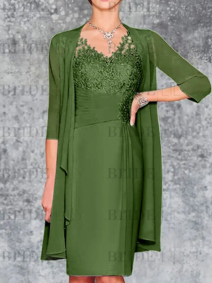 Two Piece Ruffle Chiffon Mother of the Bride Outfit Lace Short Wedding Guest Dress
