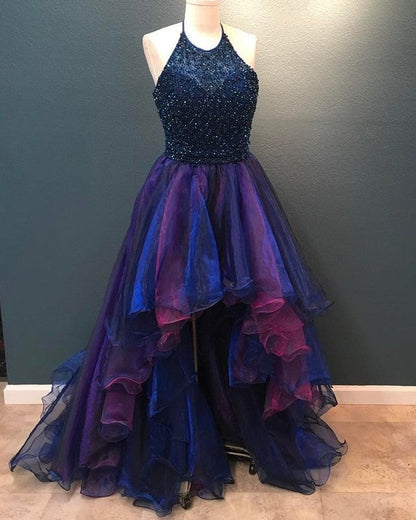 Ombre Prom Dresses Beaded Halter Ruffles Hem Front Short Long Back