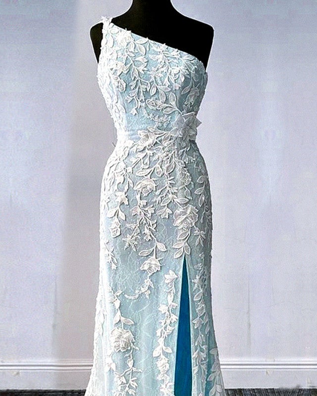 One Shoulder Mermaid Split Lace Prom Dresses