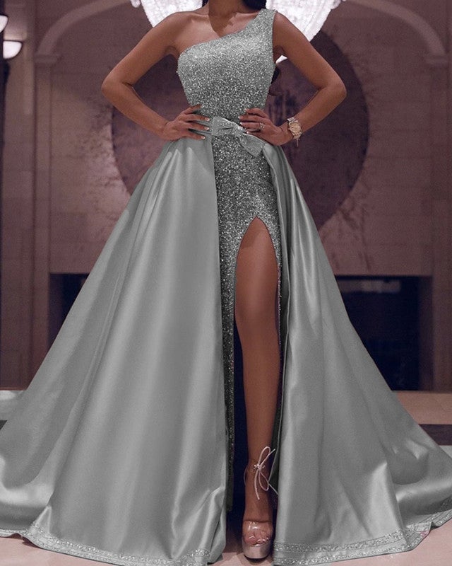 One Shoulder Sequin Mermaid Prom Dresses High Slit